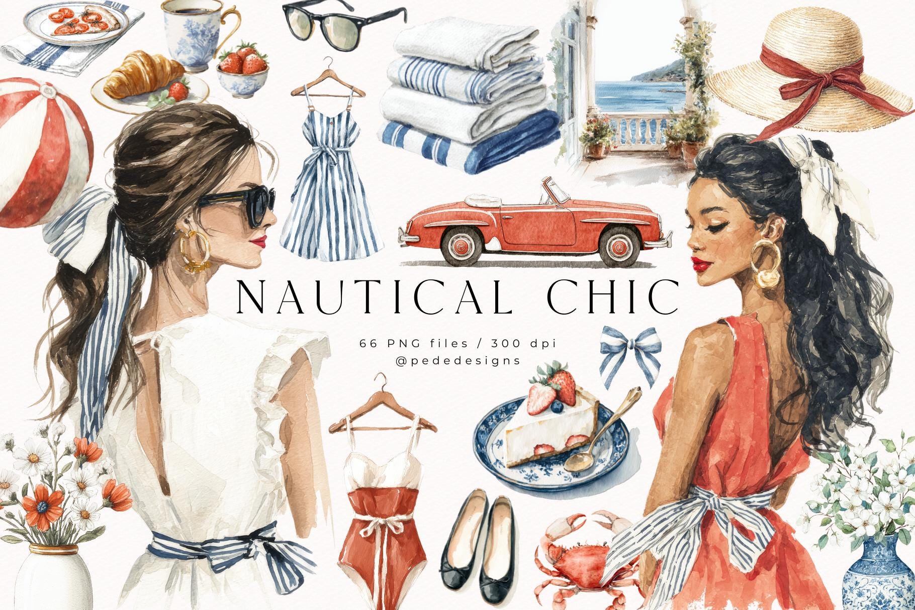 Nautical Chic, watercolor nautical graphics, marine clipart, costal summer, fashion stickers, watercolor summer view, navy stripes, download
