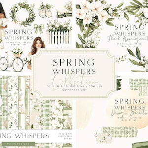 Collection Spring Whispers, bibliothèque de cliparts, illustrations à l'aquarelle, papiers numériques sans couture, printemps et Pâques, bouquets de fleurs, téléchargement