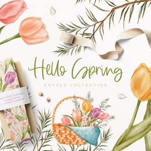 Hello Spring Lovely Collection, spring cliparts, tulip flowers, Easter eggs, bouqets, digital papers, botanical, download
