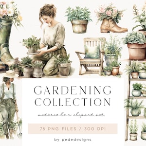 Gartenkollektion, Aquarell Gartenpflanzen, Frühlingsgarten Grafik, Gartengeräte png, Planer Aufkleber, Download