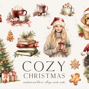 Pode incluir: Ilustra&ccedil;&otilde;es de aquarela de uma cena aconchegante de Natal com uma &aacute;rvore de Natal decorada, presentes, um homem de gengibre, uma menina com um chap&eacute;u de Papai Noel segurando um presente, um cachorro com um chap&eacute;u de Papai Noel e uma pilha de livros.