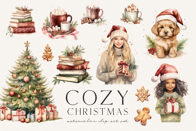 Pode incluir: Ilustra&ccedil;&otilde;es de aquarela de uma cena aconchegante de Natal com uma &aacute;rvore de Natal decorada, presentes, um homem de gengibre, uma menina com um chap&eacute;u de Papai Noel segurando um presente, um cachorro com um chap&eacute;u de Papai Noel e uma pilha de livros.
