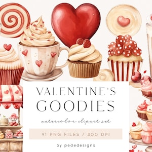 Acuarela San Valentín Goodies clipart, acuarela romántica clipart, dulces, caramelos, chocolate, café, imágenes prediseñadas de boda, descargar