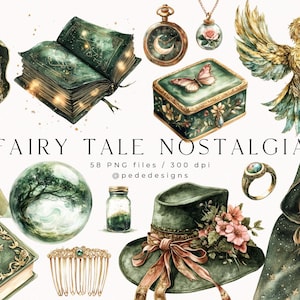 Peut inclure: Une collection d'illustrations num&eacute;riques dans des tons verts et dor&eacute;s. Les illustrations comprennent une figure &agrave; capuche, un livre, une boule de cristal, un chapeau, un ph&eacute;nix, un coffret &agrave; bijoux, une bague, un peigne et une bouteille. Le texte "FAIRY TALE NOSTALGIA" est inclus dans l'image.