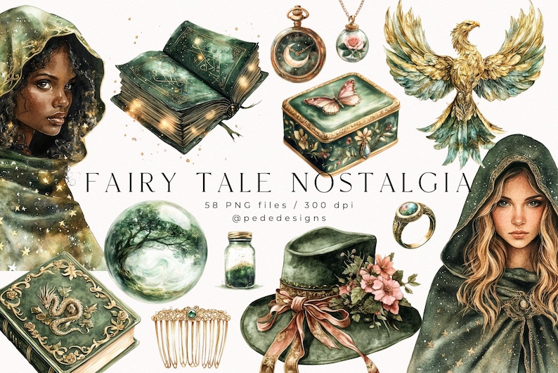 Peut inclure: Une collection d'illustrations num&eacute;riques dans des tons verts et dor&eacute;s. Les illustrations comprennent une figure &agrave; capuche, un livre, une boule de cristal, un chapeau, un ph&eacute;nix, un coffret &agrave; bijoux, une bague, un peigne et une bouteille. Le texte "FAIRY TALE NOSTALGIA" est inclus dans l'image.