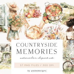 Recuerdos de campo, imágenes prediseñadas de verano de acuarela, cabaña de verano, paisajes de verano, comida campestre, flores silvestres, imágenes prediseñadas de niña, descargar