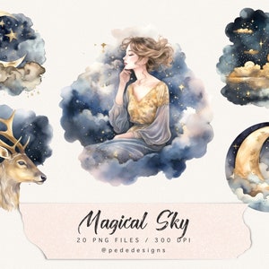 Ilustrações de céu mágico, clipart de lua crescente, garota bonita, céu noturno, lua e estrelas, marinho e dourado, celestial, nuvens png, baixar