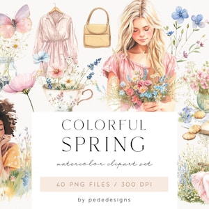 Bunte Frühlingskollektion, Frühling, Aquarell Mädchen Clipart, Mode png, Aquarell Blumen Frühlingsaufkleber, Kleidung Clipart, Download
