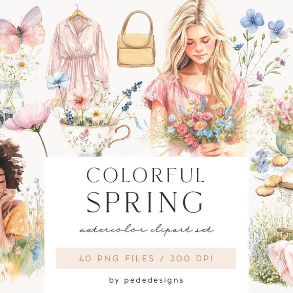 Colorful Spring Collection, spring time, watercolor girl clipart, fashion png, watercolor floral spring stickers, clothing clipart, download