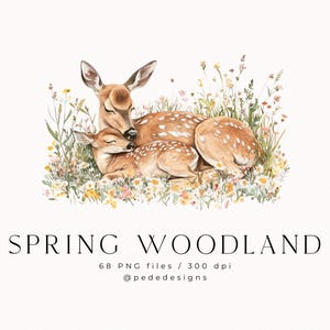 May include: A watercolor illustration of a mother deer and her fawn nestled together in a field of wildflowers. The deer are brown with white spots and have closed eyes. The flowers are a variety of colors, including pink, yellow, and purple.