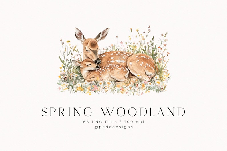 May include: A watercolor illustration of a mother deer and her fawn nestled together in a field of wildflowers. The deer are brown with white spots and have closed eyes. The flowers are a variety of colors, including pink, yellow, and purple.
