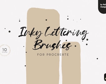 May include: A digital illustration of 10 inky lettering brushes for Procreate. The image features a light brown background with black dots and the text "Inky Lettering Brushes" in black.