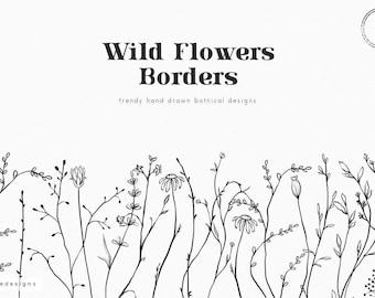 Wild flowers borders, meadow clip art, hand drawn flowers clipart, wedding, logo elements, floral border png, botanical, download