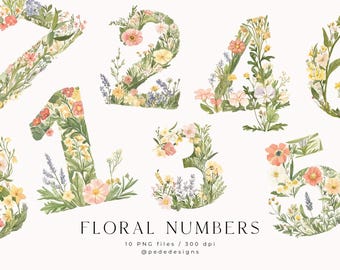 Floral Numbers Clipart Set, spring clipart, party, celebration, birthday, watercolor png clipart, baby shower, wild flowers, download