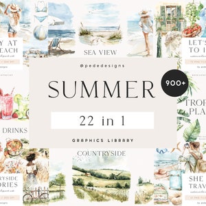 Paquete de verano, biblioteca de imágenes prediseñadas, conjunto de ilustraciones en acuarela, estacional, chica acuarela, imágenes prediseñadas de viaje, paisajes, horario de verano, descargar