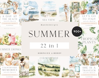 Summer Bundle, clipart library, watercolor illustrations set, seasonal, watercolor girl, travel clipart, scenery, summer time, download