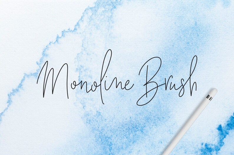 May include: A blue watercolor background with the text "Monoline Brush" written in black cursive. A white stylus is lying on the background.