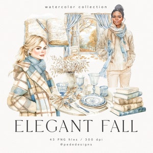 Elegante herfstclipartset, aquarel gezellige herfst clipart, herfststickers, interieur png-afbeelding, modemeisje, mode-illustratie, download