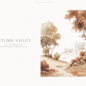以下が含まれることがあります： AUTUMN VALLEYと題されたデジタル水彩風景イラスト。28種類の水彩風景クリップアート、透明な背景のPNGファイル、300dpiが含まれています。画像には、茶色とベージュの色合いの木々の間を曲がりくねって続く小道が描かれています。