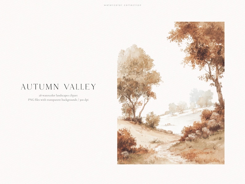 以下が含まれることがあります： AUTUMN VALLEYと題されたデジタル水彩風景イラスト。28種類の水彩風景クリップアート、透明な背景のPNGファイル、300dpiが含まれています。画像には、茶色とベージュの色合いの木々の間を曲がりくねって続く小道が描かれています。