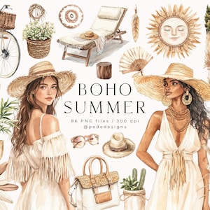 Verano bohemio, gráficos de verano en acuarela, clipart de playa boho, interior boho, pegatinas de verano, clipart de plantas de acuarela para el hogar, cactus, descargar