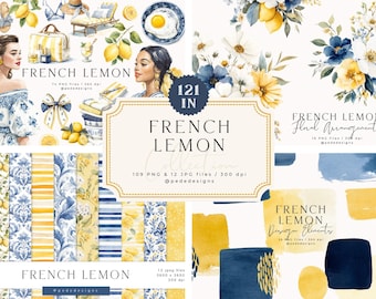 Peut inclure: Une collection graphique numérique intitulée FRENCH LEMON présentant des illustrations à l'aquarelle de citrons, de motifs floraux bleu et blanc, de femmes, de bouquets et de taches de peinture abstraites jaune et bleu marine.