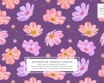 Floral digital paper, flowers pattern, planner supplies, seamless digital paper, watercolor cosmos flowers, purple fabric pattern, download