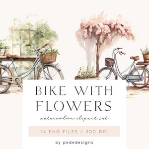 Vélo avec des fleurs, clipart aquarelle, graphiques printaniers, clipart png mariage, vélo floral aquarelle, autocollants de planificateur, invitation, téléchargement