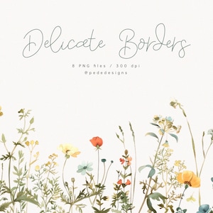 Op de afbeelding: Een aquarel-illustratie van een delicate bloemenrand met gele, oranje, rode en blauwe bloemen. De rand is perfect om een vleugje natuur aan je ontwerpen toe te voegen.