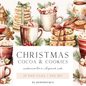 Kerstclipart, aquarel kerstcacao en koekjes, kerstclipart, warme chocolademelk, gezellige kerstillustratie, kerstavond, download