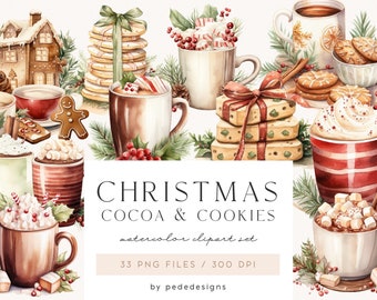 Christmas Clipart, watercolor christmas cocoa & cookies, xmas clip art, hot chocolate, cozy christmas illustration, christmas eve, download