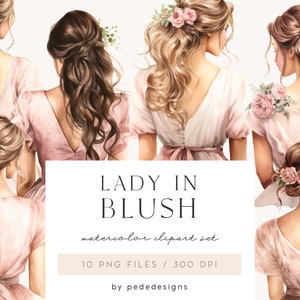 Lady in Blush, clipart de niña acuarela, dama de honor de acuarela, dama vintage, png de boda, álbum de recortes, diario basura, romántico, descargar