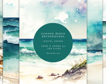 Arrière-plans de plage d'été aquarelle, papier numérique de plage, mariage de plage, fond pour les invitations, paysage d'été, vagues de l'océan, téléchargement