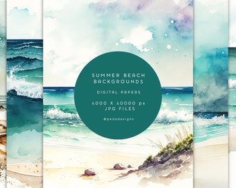 Watercolor summer beach backgrounds, beach digital paper, beach wedding, background for invitations, summer landscape, ocean waves, download