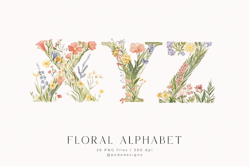 May include: Floral alphabet letters X, Y, and Z, made of watercolor illustrations of flowers and leaves. The letters are in a light green, pink, and yellow color scheme.