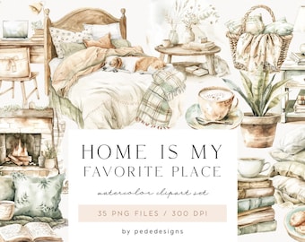 Home Is My Favorite Place, home clipart, home sweet home, cozy aesthetic, bed, pillows, books, watercolor png, clothes, fireplace, download