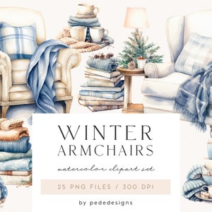 Winter clipart, aquarel gezellige winter, fauteuil clipart, wintertruien, boeken, koffiekopje, wintervibes, kersttijd, download