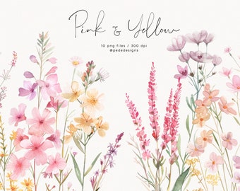 Pink & Yellow, watercolor meadow clipart, watercolor wild floral, floral arrangement, pink floral seamless border, yellow flowers, download