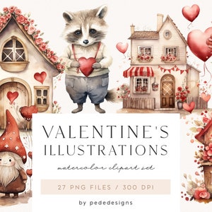 Clipart di San Valentino ad acquerello, cuccioli di animali ad acquerello, clipart romantiche, illustrazioni di San Valentino, case dolci, magiche, download