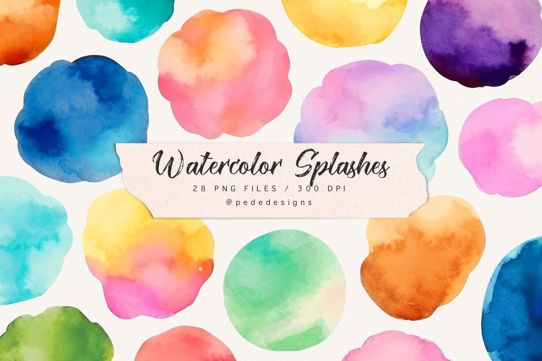 Watercolor splash clipart, multicolor splashes, brush strokes, for logo, blog, branding, colorful, watercolor stains, aquarell, download