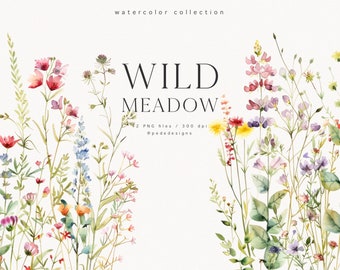 Wild Meadow, watercolor meadow clipart, watercolor wild floral, floral bouquet, floral border set, green grass, wedding flowers, download