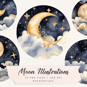Aquarel maanillustraties, maan clipart, nachtelijke hemel, maan en sterren, wolken png, aquarel hemelse maan, marineblauw en goud, download