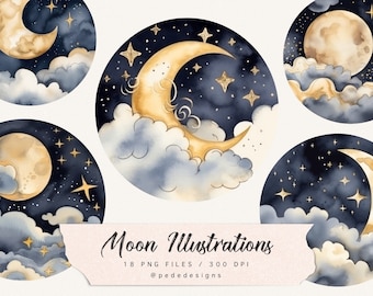 May include: A set of 18 digital illustrations featuring watercolour moons and stars in a dark blue night sky with clouds. The moons are in various phases and are painted in gold and white. The stars are also gold and white. The illustrations are perfect for adding a touch of whimsy to your designs.