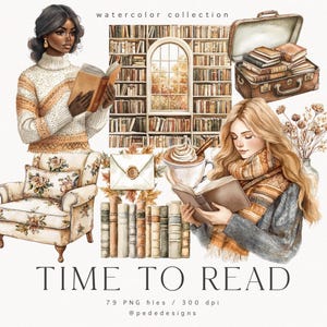 Il est temps de lire des cliparts, clipart confortable aquarelle, clipart amateur de livres, clipart livres, clipart rats de bibliothèque, clipart automne, téléchargement