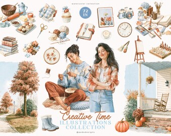 Cozy Autumn Clipart Set with Watercolor Fall Lifestyle PNG, Cottagecore Cozy Home Elements, Creative Hobby Graphics (Digital Download)