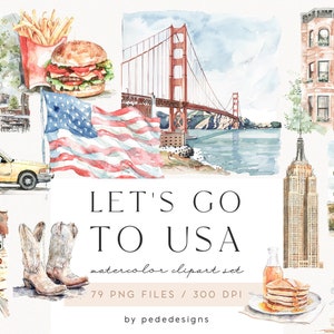 Let's go to USA, Aquarell Sommer Clipart, Reise, Freiheitsstatue, amerikanische Szenerie, amerikanische Straße, Aufkleber, ästhetisch, download