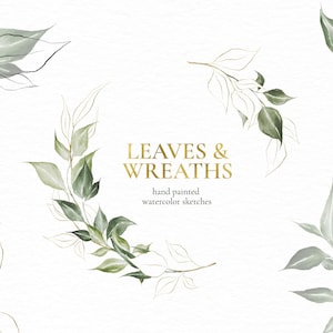 Leaves & Wreaths, aquarelcollectie, aquarel clipart, takelementen, bladgoud, arrangementen, schetsmatig, downloaden