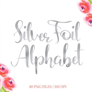 Silver foil alphabet clipart, silver font clip art, silver foil letters, numbers, upper case, lower case, download image 1