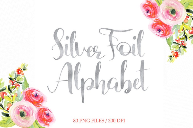 Silver foil alphabet clipart, silver font clip art, silver foil letters, numbers, upper case, lower case, download image 1