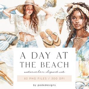 A Day At The Beach, aquarel zomer clipart, reisafbeeldingen, meisje clipart, strandstoel, zomerkleding, schelpen, zee en oceaan, download
